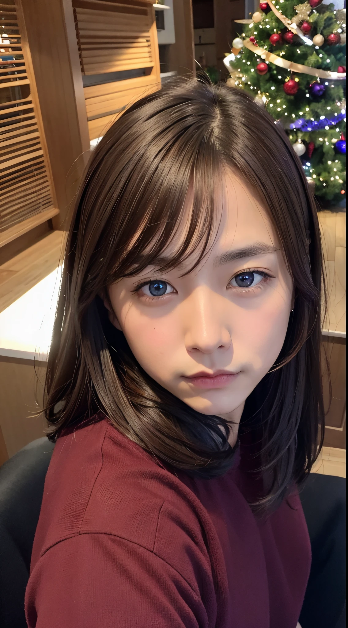 Brown hair、a man in his 40s、Indigo eyes、Christmas Background