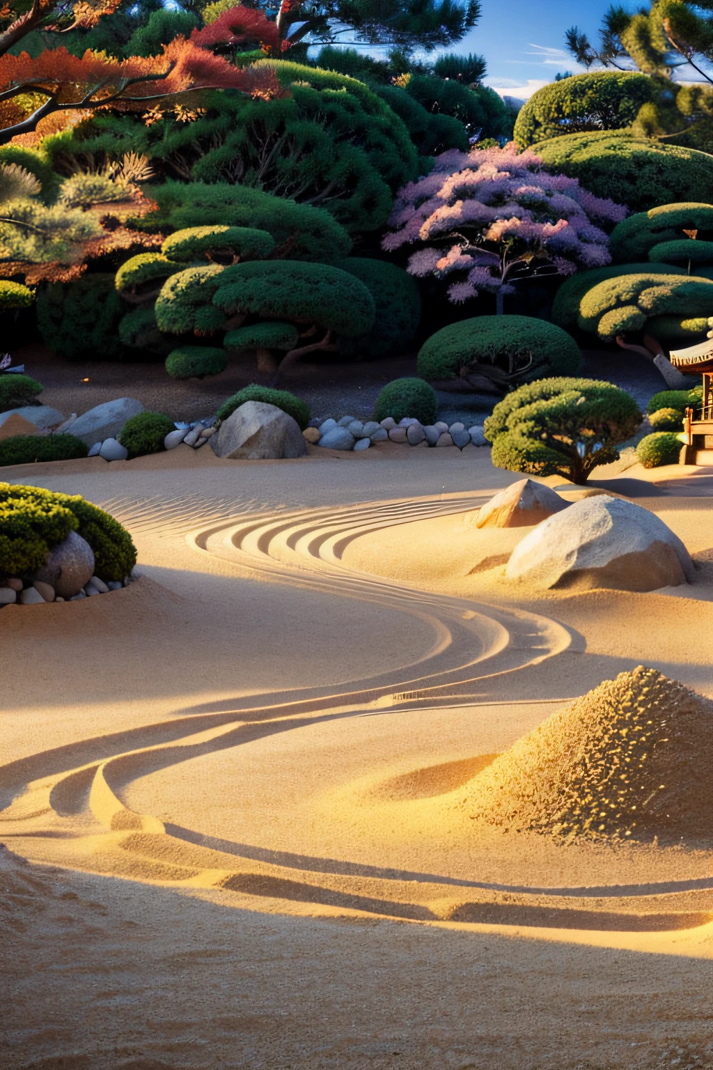 Japanese garden made of rocks and sand, garden with only stones and sand, Calesansui, (Beautiful patterns made of sand), No plants, (masutepiece), (Best Quality), (ultra high detail)