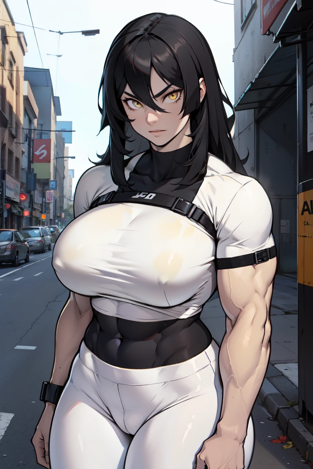 ((muscular girl)) huge breasts toned body black hair yellow eyes solo pale skin tight shirt