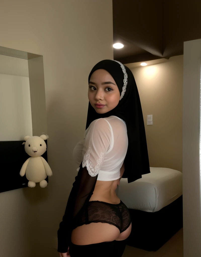 (((HIJAB MALAY GIRL))), top-quality、masterpiece、Surreal、((childs room))、((Stuffed animals are on display.))、transparent Gymnastic suit、japanes、Pupils、tiny girl、The appearance of the child、Height 140cm、hchool girl、small body of a child、streaks、Thin leg、report、Sunlight、Human Realistic Skin、Glossy skin、a picture、full bodyesbia. (((Transparent))), (((WHITE LACE))), (((SKINNY BOOBS))), (((HEAVY BOOTY))), (((HUGE BOOTY))), (((BIG BOOTY))), (((HEAVY ASS))).