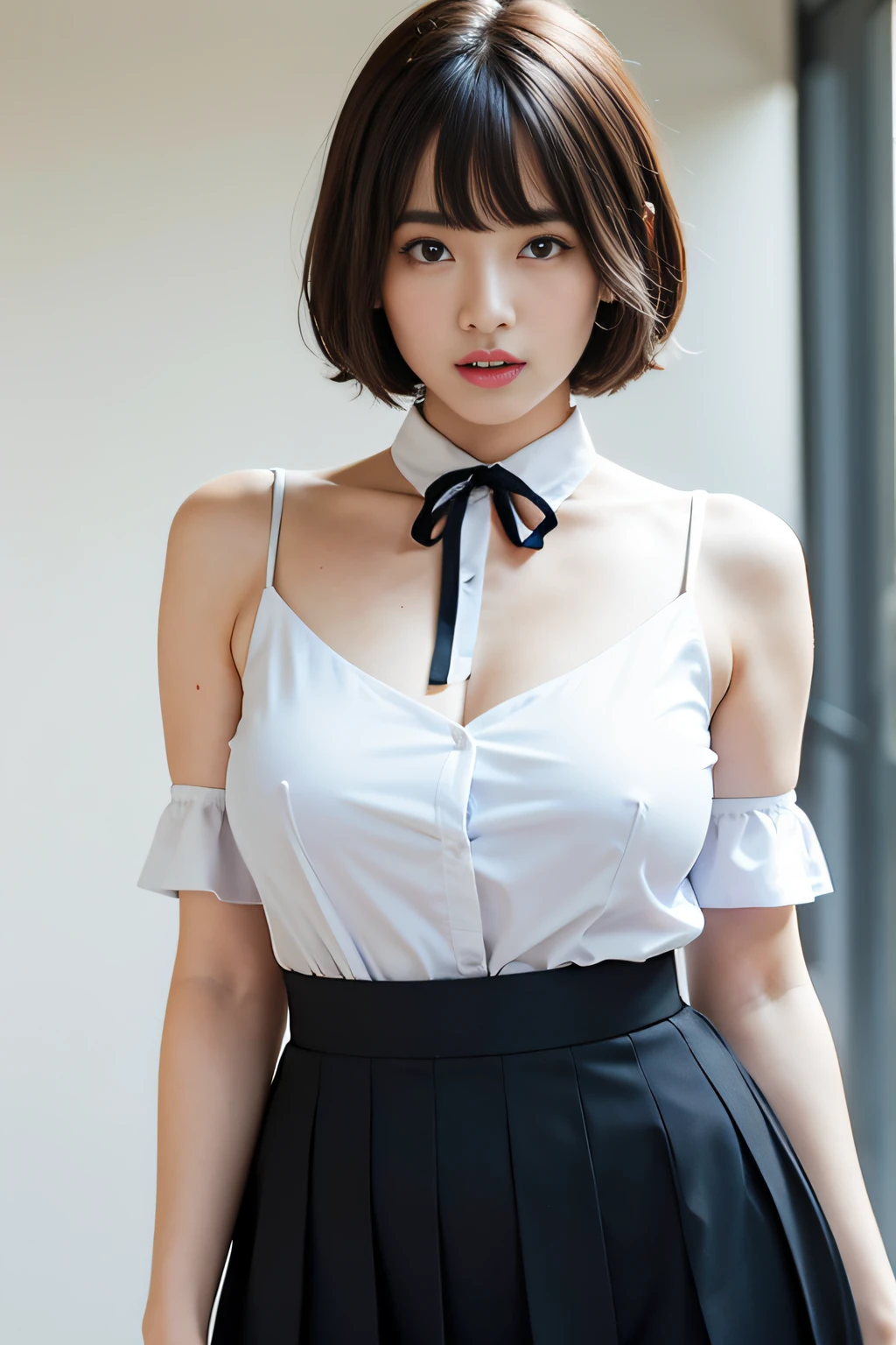 NSFW, 8K Raw photograph, Best quality at best, tmasterpiece, 超高分辨率, filmgrain, 电影灯光, 1 Sister, looking at viewert, Natural skin texture, Beautiful Eyes and Face Details, 's plump lips, lipsticks, (cosmetics), Red Eyeshadow, Short fluffy hair, messy hair, The mouth opens wide,raised head,Appreciate the appearance, pretty legs, Tall lady, , own, Huge big breasts, , posture, Superskirt, Sam, sleeveless shirts, Clean bed, (detailedbackground), Ultra short gray skirt, White wet shirt, University teacher#39;hori, Huge big breasts, , Showing a bit of cleavage through shirt, Loafer shoes, vague background, bblurry, fail, What about the lattice, short- sleeved, JK ribbon on neck, black hair color hair,, through bangs, 校服, seen from the front, pleatedskirt, Superskirt, depth of fields
