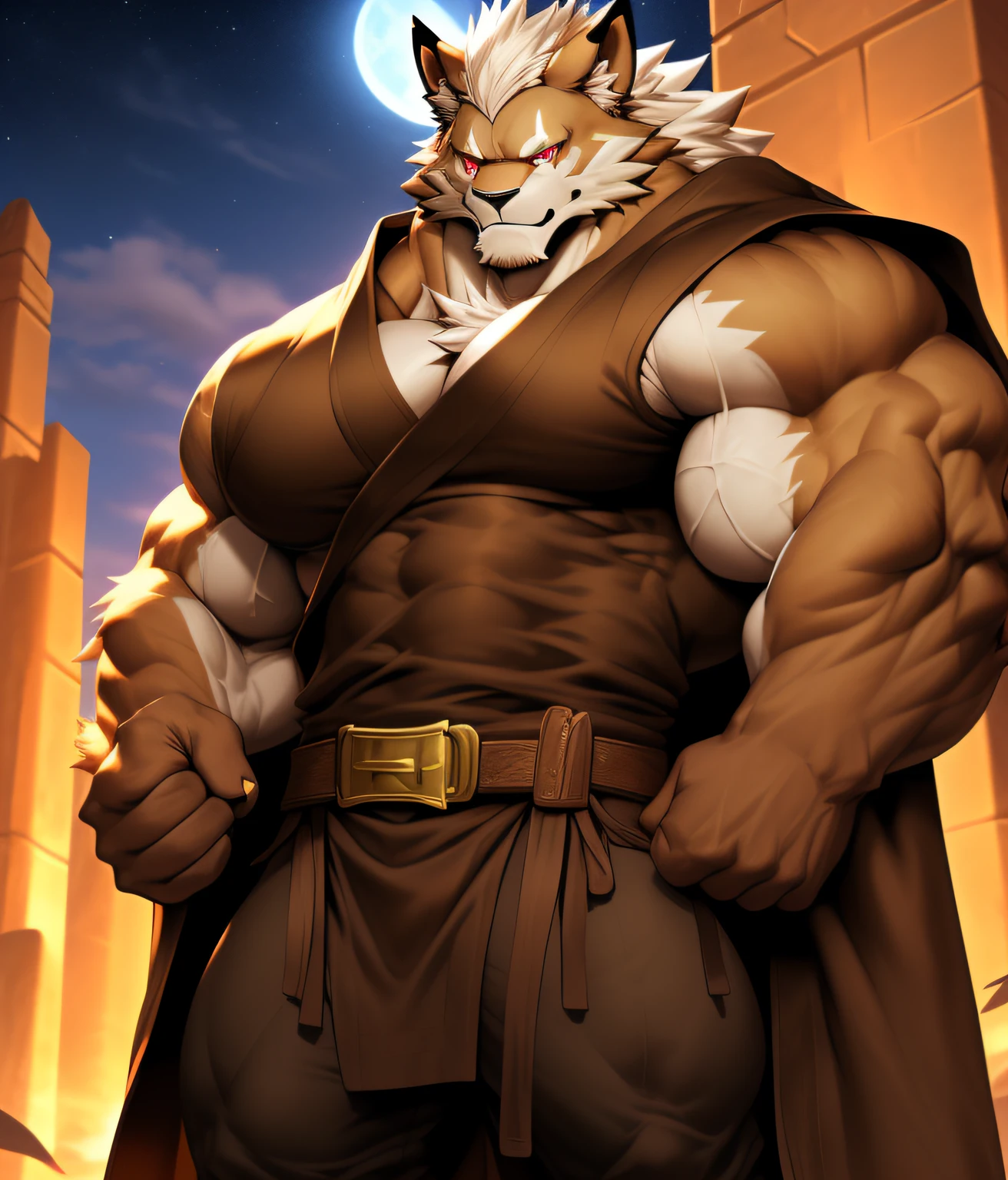 Culturista competitivo PRO, nj5furry, (Leomon,, Masivo, enorme, muscular, GigaChad), (((((tunic. vestimenta.))))) Leomon, Cara joven, adolescente, ((Sombras extremadamente realistas, Obra maestra, extremadamente detallado, fotorrealista)), kemono, Mirando al espectador, ((frente)), mirada asesina, Leomon, ((Cara detallada)) nariz, amber eyes, ((ojos detallados)), dark brown skin, dark brown fur, brown hair, cana, altura 3 metros de altura, The optimal height, Tight clothing, 200 kg, Body full of huge muscles; pectorales musculosos y abultados, pectorales enormes, ((pectorales masivos)) ((pectorales enormes)) ABS rasgados, Ocho abdominales, Cuerpo en forma de V, cintura gruesa, piernas largas, Brazos fuertes y varoniles, cara hermosa, Atractivo tipo de rostro tranquilo y fresco con una sonrisa traviesa, Topless. Ruinas del Palacio de los Elfos, Noche, luna, Rayos lunares, Estrellas; protuberancia de la entrepierna, She wears a small white thong that shows off huge, muslos musculosos, (((She wears a brown cape.. brown dress, (pantalon de tela marron, belt with brass buckle:1.2), (ojos detallados, ojos rojos:1.2) ropa, slightly open tunic. tunic. vestimenta.))), bulging biceps. Un culturista musculoso en ciernes. Un culturista competitivo PRO potencial y cuello abultado. ((derriere)) muslos enormes, firmes y musculosos, Round buttocks and round butt. pectorales visibles, ABS visible, Brazos a los lados.