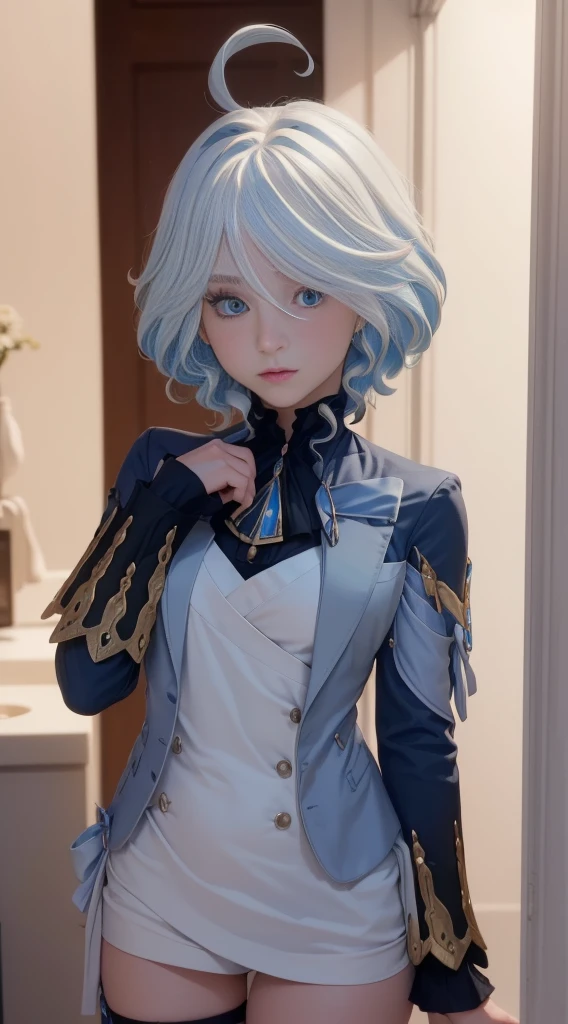 1 girl, ((20 years old)), (((beautiful woman)), ((light blue hair)), ((short hair)), ((dark blue eyes, light blue eyes)), ((heterochromia)), #Explanation: A beautiful girl with short light blue hair, she has heterochromia.