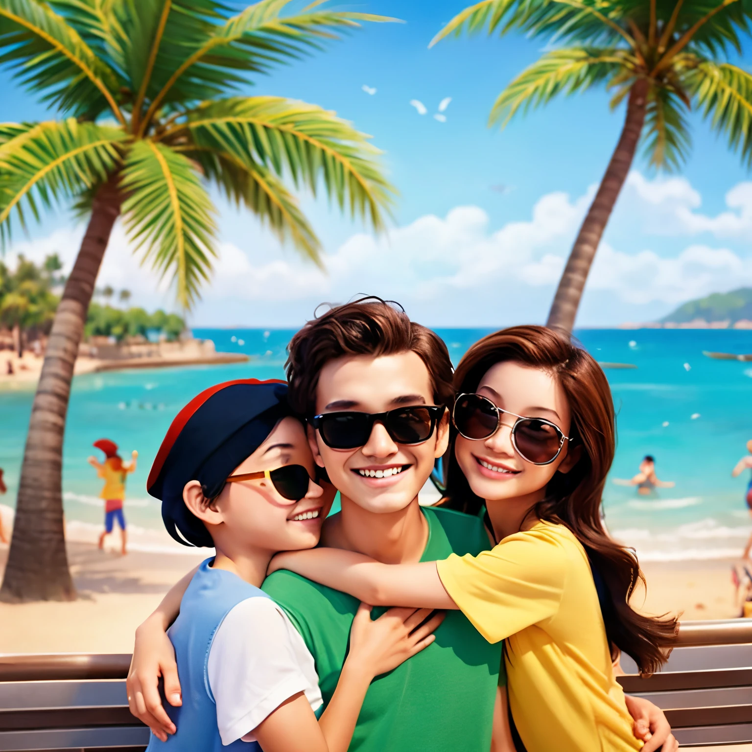 Disney Pixar illustrations、Couple reflected in the background of seaside palm trees。The boy has short black hair, wears sunglasses, and smiles with his arms crossed.。girls are close to boys、Smiling with long brown hair