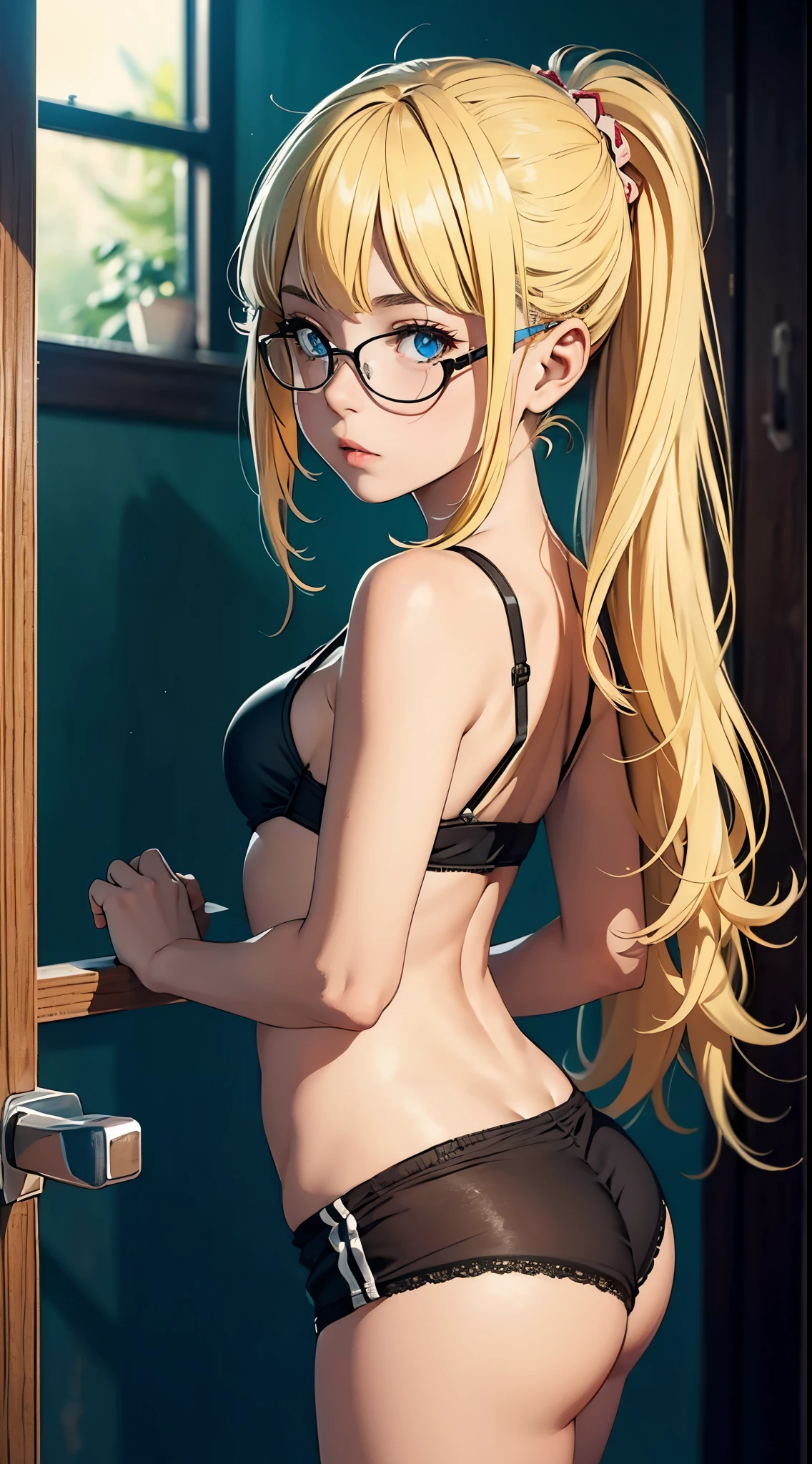 1girl, franja, Corpo de Loli, Menina de 13 anos, blonde hair,  clivagem,  boca, seios pequenos, bunda de frente para o espectador, back to screen, sorrir, Apertado, micro shorts 1.4, Ultra HD |, Imagem 4k , glasses, character near the camera