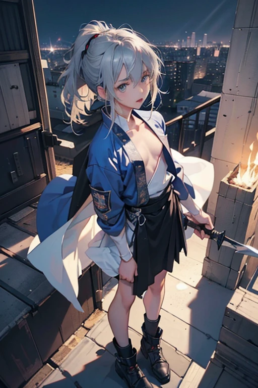 anime moe art style,Best Anime 8K Konachan Wallpapers,Badass Anime 8K,Perfect Anatomy, (Please draw a picture of a girl looking down on the city from the rooftop...............)From diagonally above,overhead angle,BREAK, 1 That girl is a female swordsman, (Solo,Lori,child,18year old:1.3), Androgynous attraction, (very long gray hair, blunt bangle limbs, complete fingers,flat chest, Small butt, groin, Beautiful dark eyes created by detailed 8K, jaket,Obi,flowing skirt, standing on the roof of a skyscrapper. BREAK, i have a mission.。Sasasasa...。Ultra-detailed,High resolution,super detailed skin, Professional Lighting, Illustration,Landscape of the near future