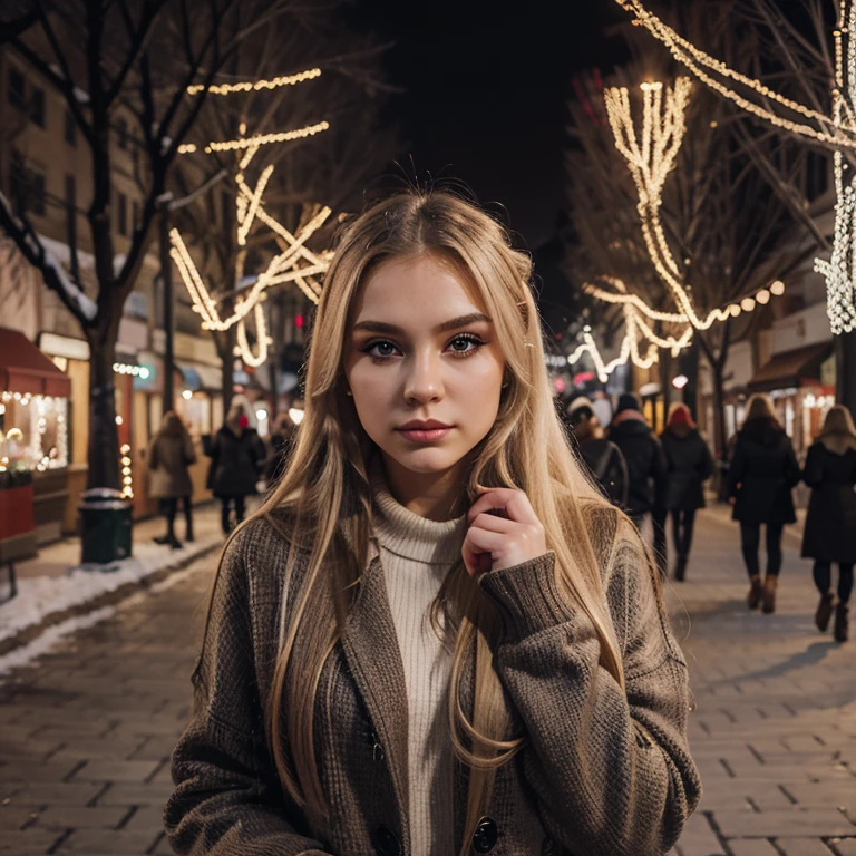 Woman, 20 Years old, Russian, Makeup, smoky eyes, Blonde hair, straight hair, wearing winter fashion clothes, in a street with a lot of people with Christmas decorations, portrait, nostalgic