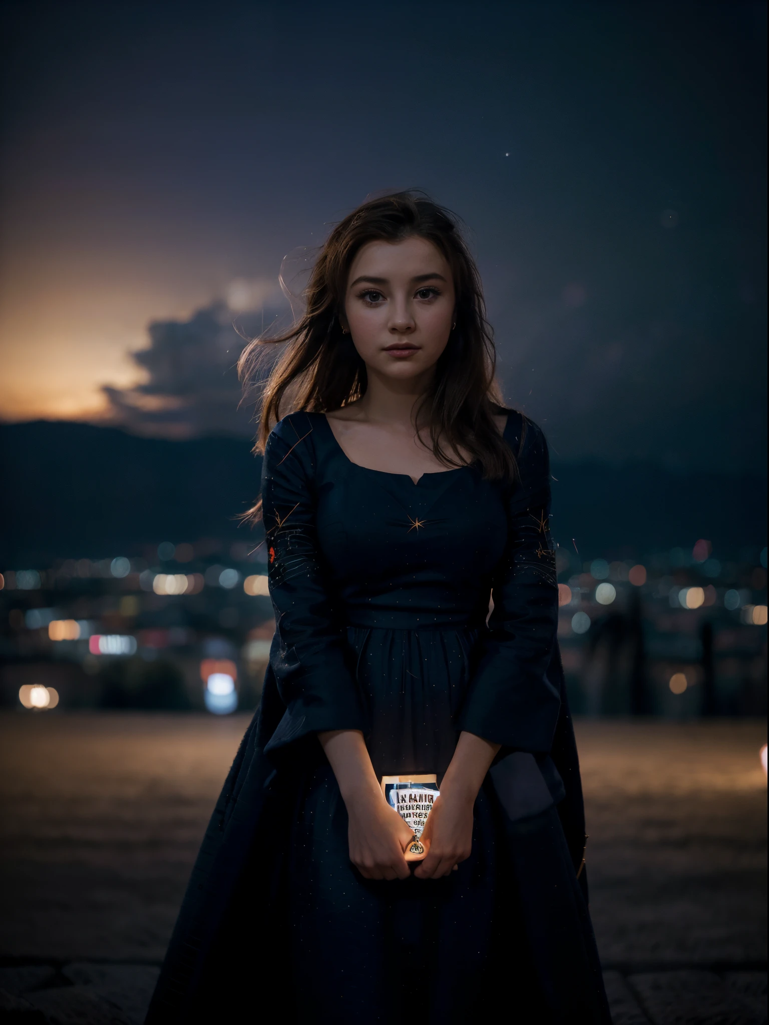1girl, 20 years old, a beautiful girl ((looking at the night sky)), wearing an elegant and long dress, firework, a flame embroidered in the night sky, windy, prague, castle seen in the background, movie scene, cinematic light, very dark scene, (anamorphic lens bokeh: 1.4), composition from below, (la la land: 1.5)