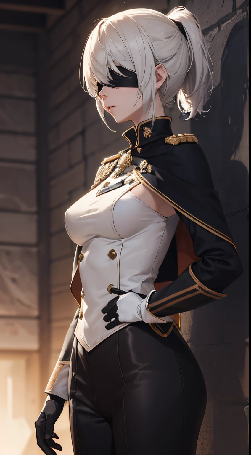 (extremely detailed CG unity 8k wallpaper), (masterpiece), (best quality), (ultra-detailed), (best illustration), (best shadow), (absurdres), 2, 1girl, short hair, short ponytail, normal size boobs, white hair, blindfold solo, Intimidating women, admiral uniform, night, hero pose, white clothes, General Uniform, Military Uniform, Sunlight, exposed to sunlight,commander, cape, fighting, ((beautiful fantasy girl)), (Master Part: 1.2), Best Quality, High Resolution, photorealestic, photogenic, Unity 8k壁纸, perfect lighting, (perfect arms, perfect anatomy) beatiful face, intricate details, Detalhes realistas, the anime, The Perfect Girl, perfect details, Ultra HD |, 8K, Professional photo