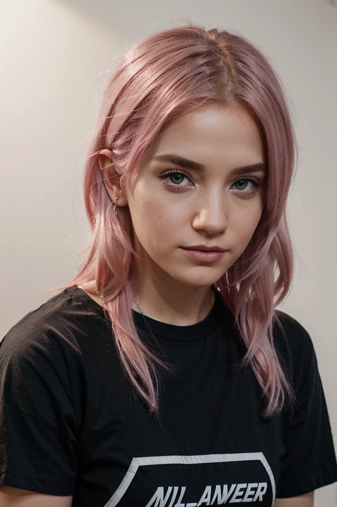 a full white instagram influencer with medium pink hairs, hazel eyes, wearing black tee shirt, realistic photography,photorealistic