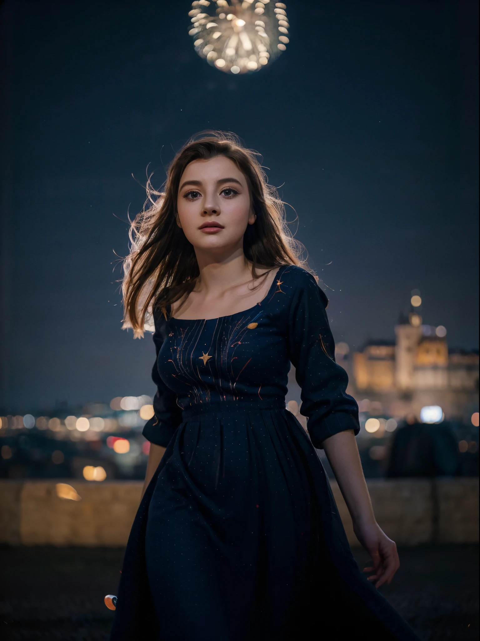 1girl, 20 years old, a beautiful girl ((looking at the night sky)), wearing an elegant and long dress, firework, a flame embroidered in the night sky, windy, prague, castle seen in the background, movie scene, cinematic light, very dark scene, (anamorphic lens bokeh: 1.4), composition from below, (la la land: 1.5)