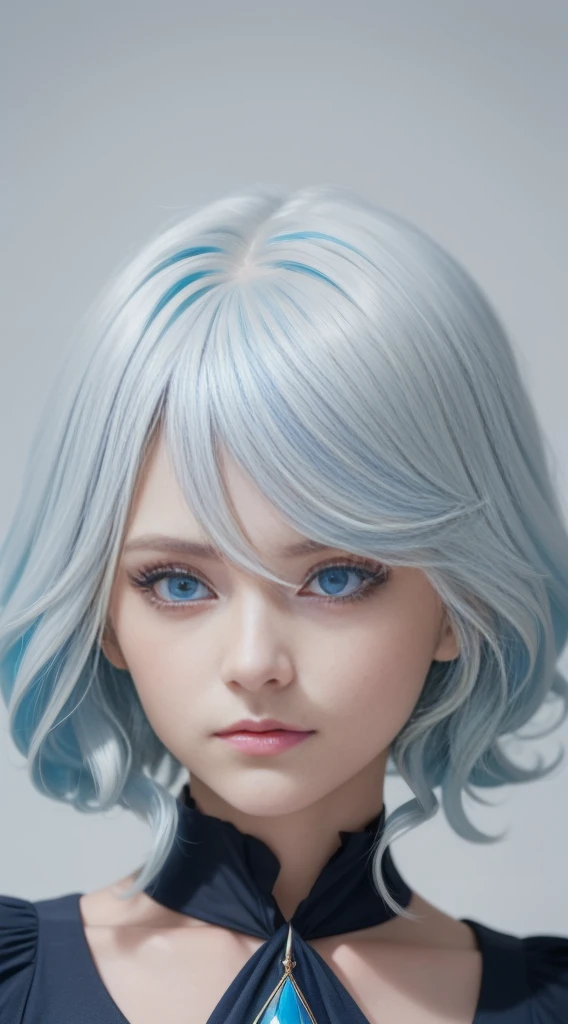 1 girl, ((20 years old)), (((beautiful woman)), ((light blue hair)), ((short hair)), ((dark blue eyes, light blue eyes)), ((heterochromia)), #Explanation: A beautiful girl with short light blue hair, she has heterochromia.