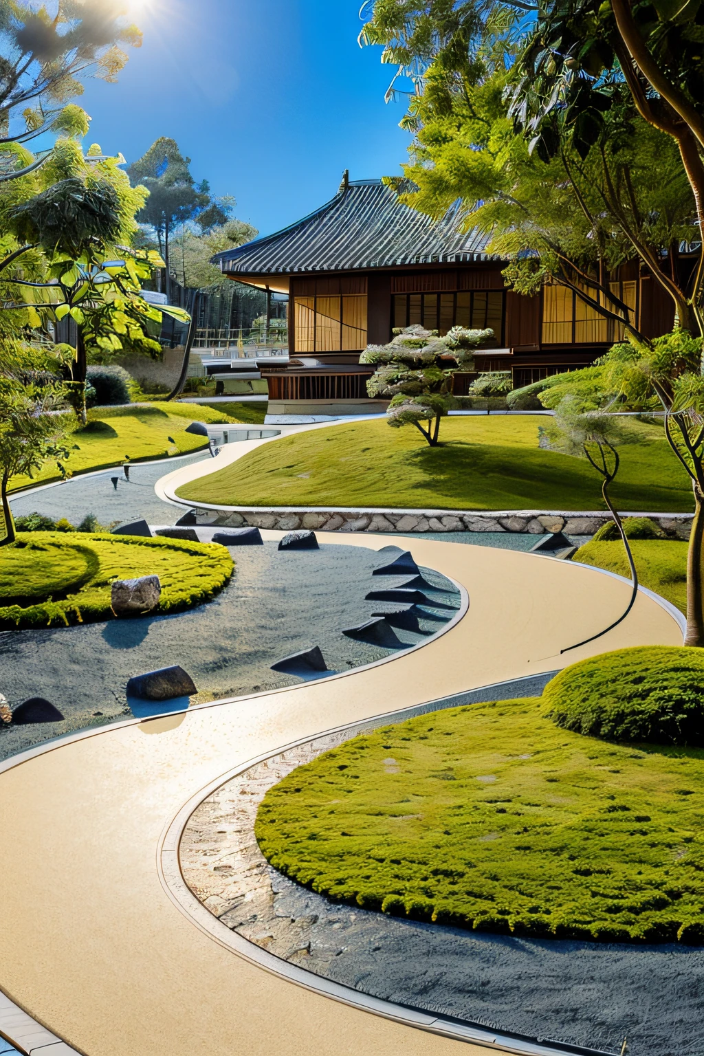 Japanese garden made of rocks and sand, garden with only stones and sand, Calesansui, (Beautiful wave pattern made of sand:1.2), (No plants, Lack of trees), (masutepiece), (Best Quality), (ultra high detail)