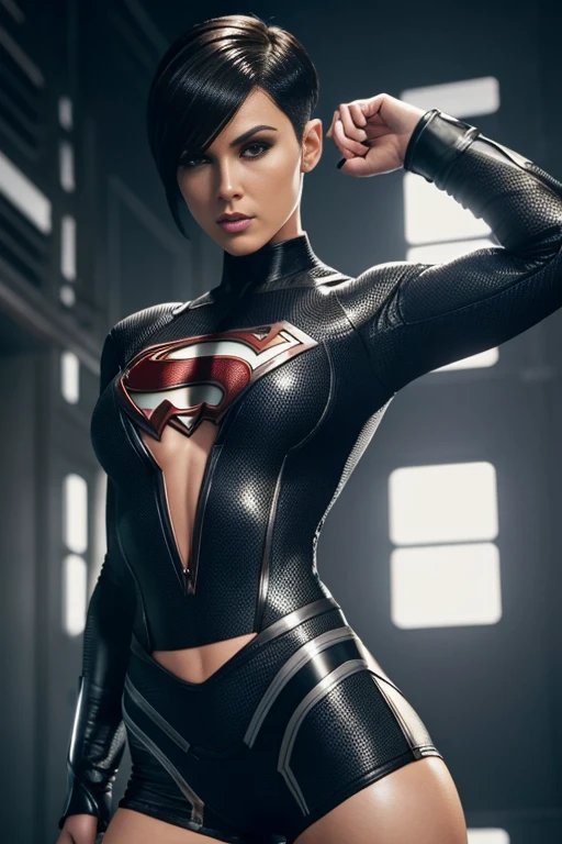 4k highly detailed realistic female superhero dressed in cropped carbon fiber, white short undercut bob hairstyle, ((sharp Jawline)), (full body Including Legs), Seduction and fantastic poses
