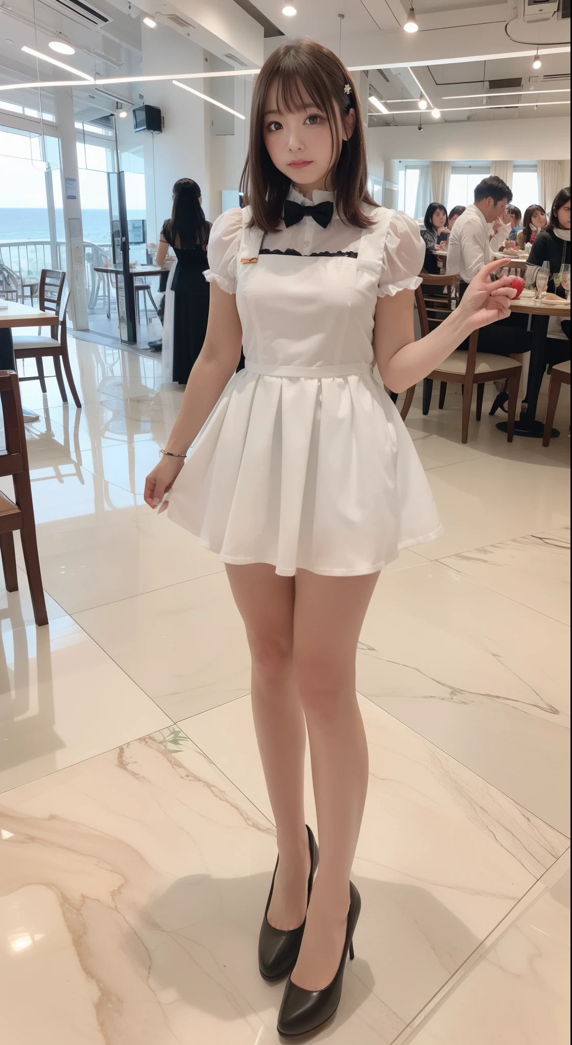 promo photo, The place is a restaurant by the sea., waitresses, Gothic ta half costume and maid costume and strawberry image, Clothes based on white