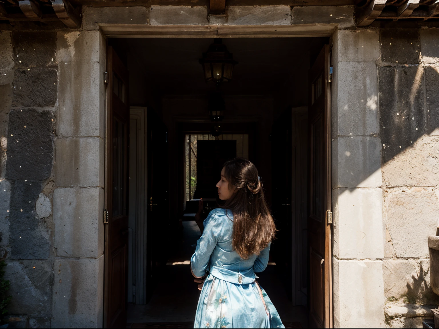 the lady bows to us, she's saying goodbye, exterior in the sunlight, variety of beauty behind her, bowing to us, saying goodbye