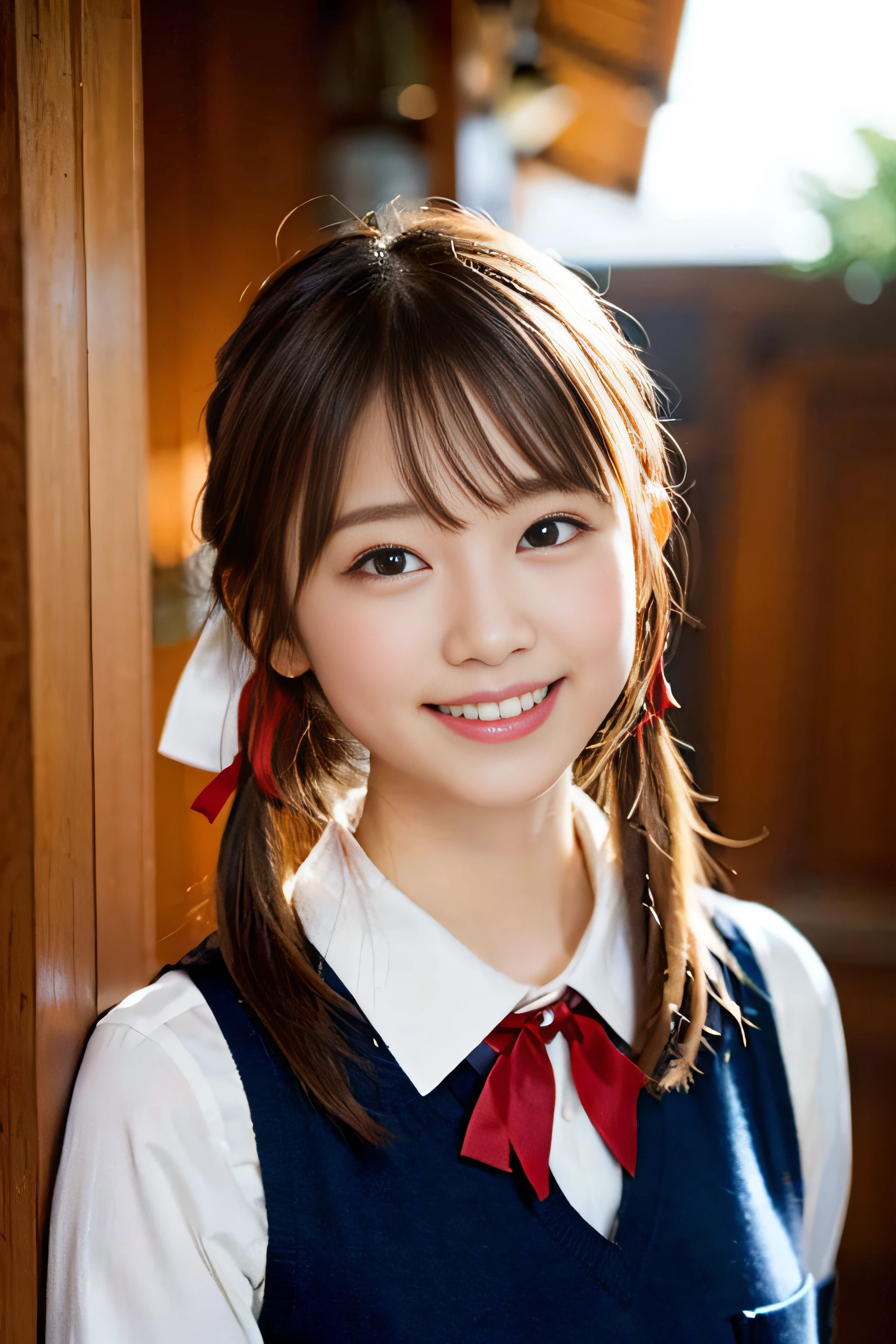 (8K、Raw photography、top-quality、masterpiece:1.2)、(realisitic、Photorealsitic:1.37)、ultra-detailliert、超A high resolution、女の子1人、see the beholder、beautifull detailed face、A smile、Constriction、(Slim waist) :1.3)、Beautiful detailed skin、Skin Texture、Floating hair、Professional Lighting、Whole human body、a blond、japanese hight school uniform、hi-school girl、School route、full of winter、red ribbon hair、Happy smile、Suppin、Pigtails hairstyle、Braids、Constriction of the lower back