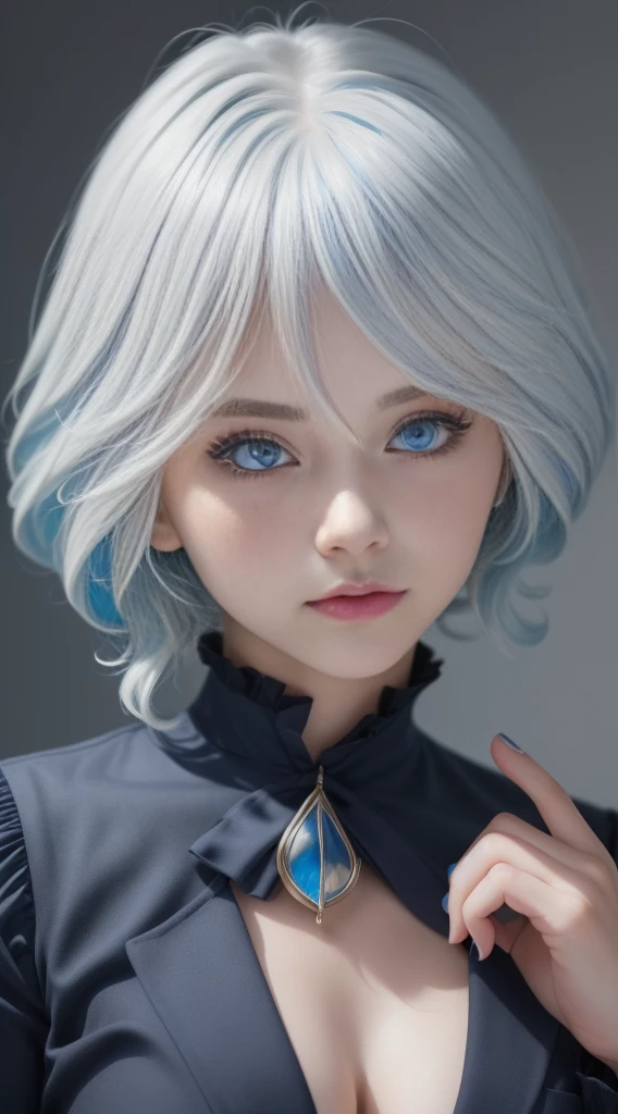 1 girl, ((20 years old)), (((beautiful woman)), ((light blue hair)), ((short hair)), ((dark blue eyes, light blue eyes)), ((heterochromia)), #Explanation: A beautiful girl with short light blue hair, she has heterochromia.