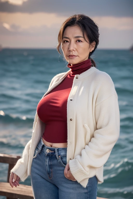 1(((1 Japanese 465 year old mature woman))), ((Sagging under the eyes)),(((nasolabial folds))),独奏,masutepiece, Best Quality, Photorealsitic, super detailed skin, Sharpen, Perfect Anatomy,((Sea view hill)),Anatomy,独奏,Longhaire,((old body)), (((Sagging udder))) (thick waist),(flabby body)(,Plump body),bunk butt,Serious look,Mature AV Actress, glamor, A sexy,(((Fair skin with many wrinkles))),small diamond necklace,tight black turtleneck sweater, Puffy nipple、Tight jeans pants, a red jacket、,Staring at this
