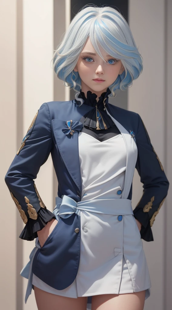 1 girl, ((20 years old)), (((beautiful woman)), ((light blue hair)), ((short hair)), ((dark blue eyes, light blue eyes)), ((heterochromia)), #Explanation: A beautiful girl with short light blue hair, she has heterochromia.