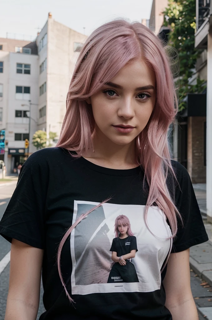 a full white instagram influencer with dark pink hairs, wearing black tee shirt, realistic photography,photorealistic