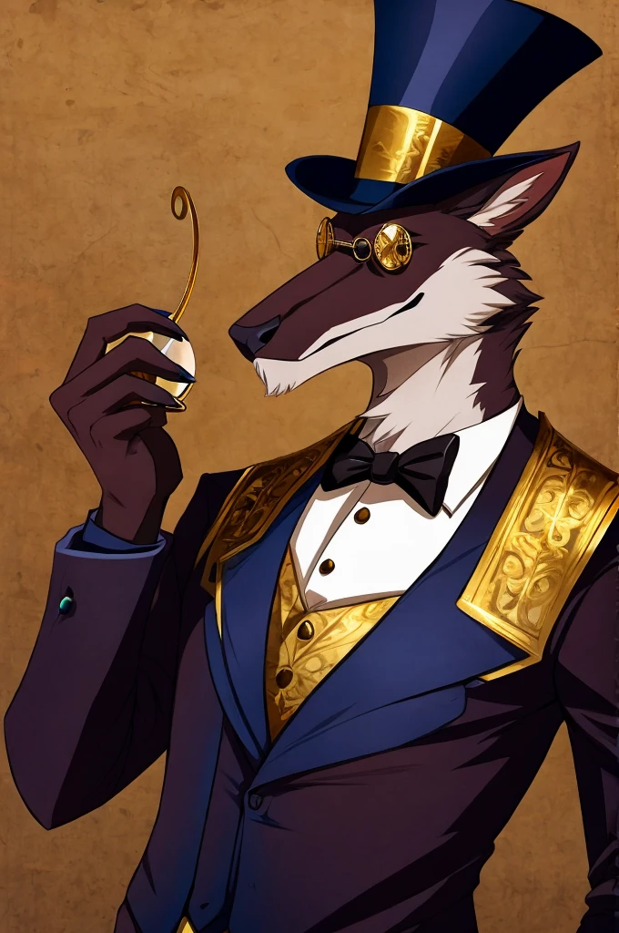 Mantled beast furry with gold top hat and monocle.