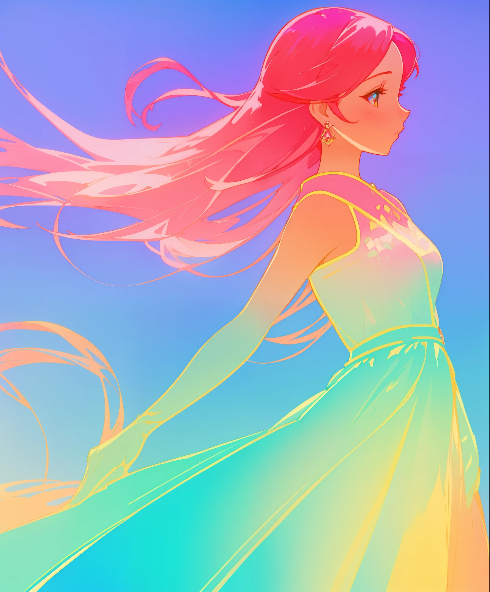 beautiful girl in colorful gradient flowing princess ballgown, long flowing red pink hair, colorful fantasia background, watercolor illustration, beautiful digital illustration, beautiful, masterpiece, best quality, beautiful face