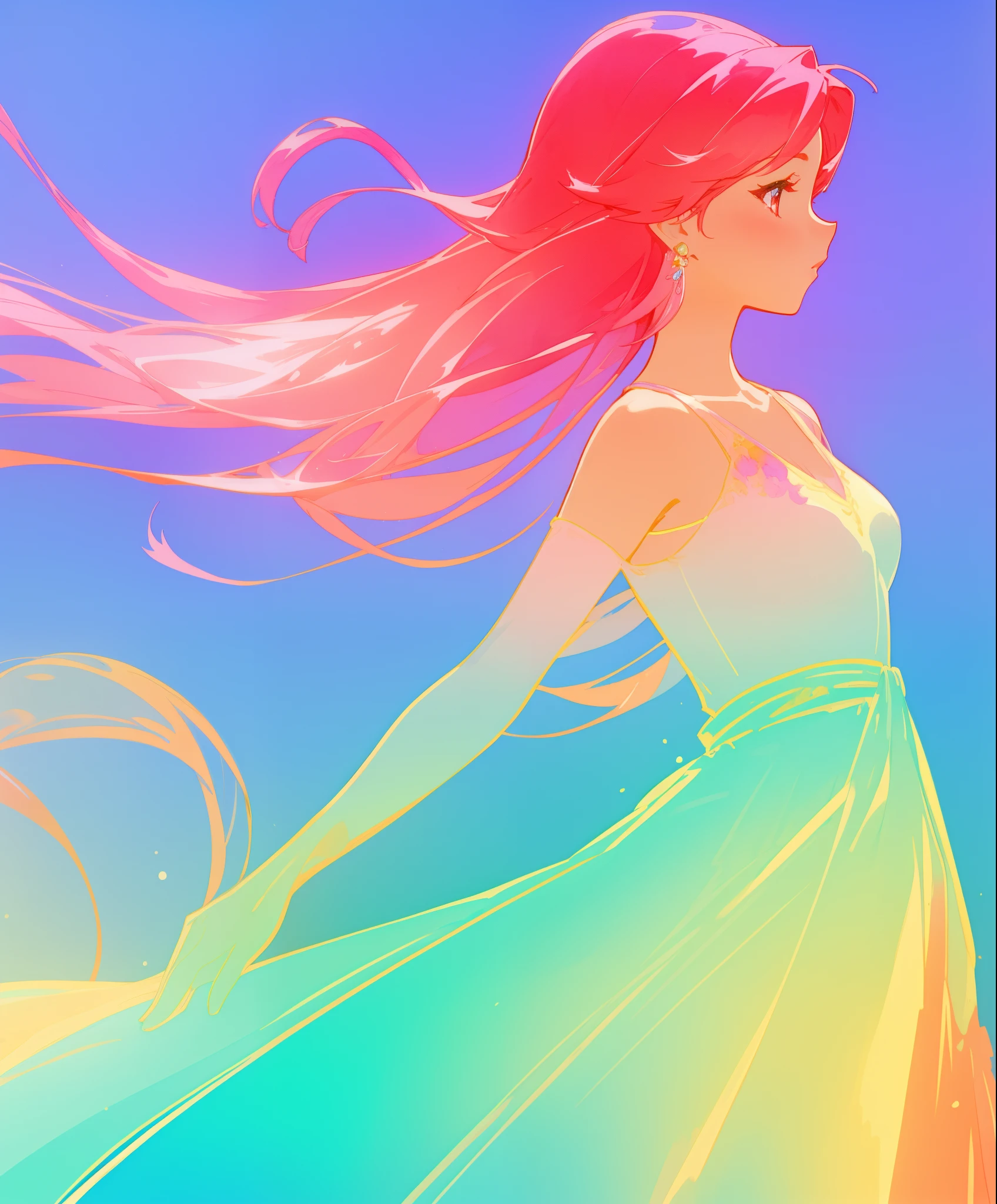 beautiful girl in colorful gradient flowing princess ballgown, long flowing red pink hair, colorful fantasia background, watercolor illustration, beautiful digital illustration, beautiful, masterpiece, best quality, beautiful face