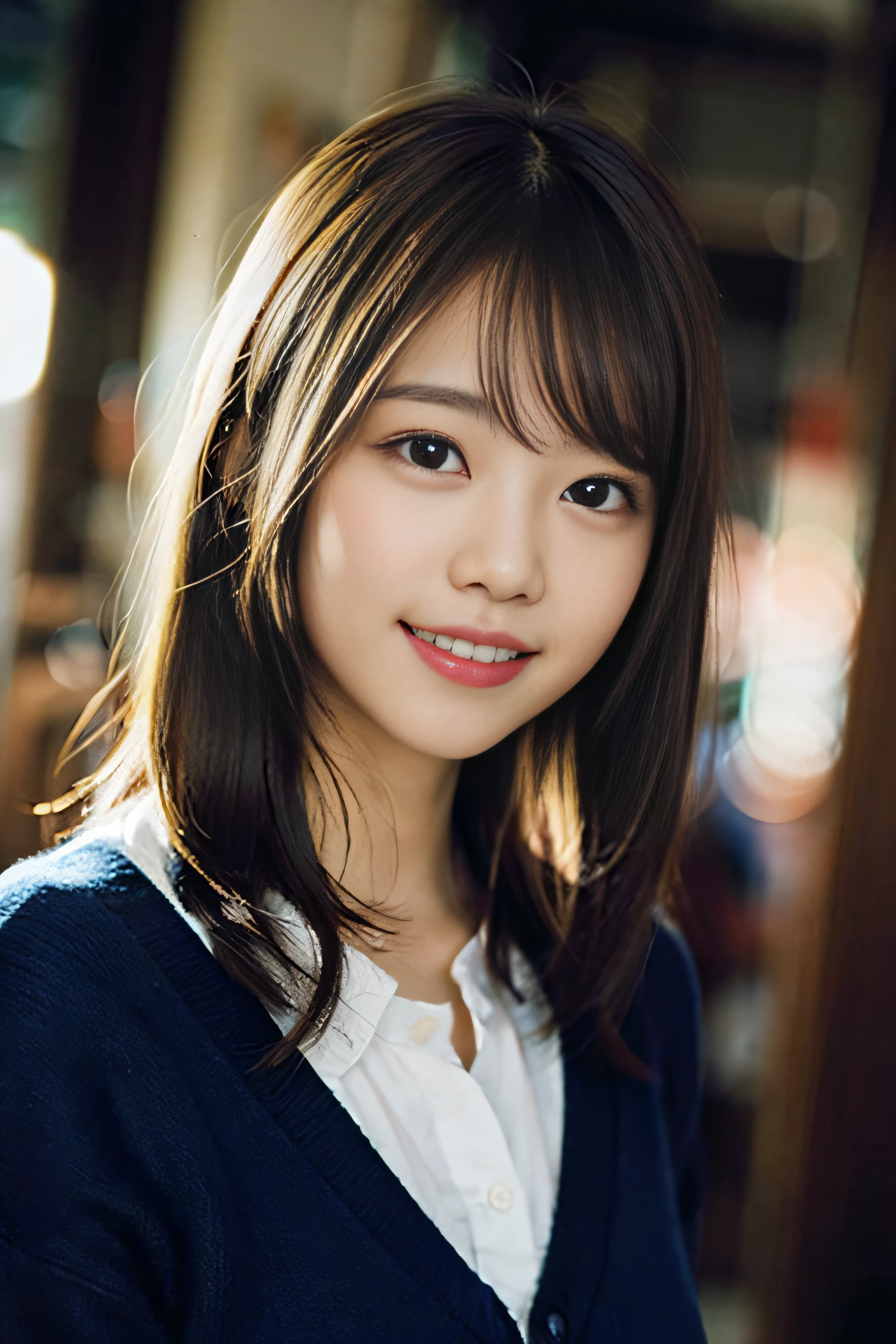 (8K、Raw photography、top-quality、​masterpiece:1.2)、(realisitic、Photorealsitic:1.37)、ultra-detailliert、超A high resolution、女の子1人、see the beholder、beautifull detailed face、A smile、Constriction、(Slim waist) :1.3)、Beautiful detailed skin、Skin Texture、Floating hair、Professional Lighting、Whole human body、Longhaire、a blond、japanese hight school uniform、hi-school girl、School route、super car、red ribbon hair、Happy smile、Childish smile、Suppin、Dark blue cardigan