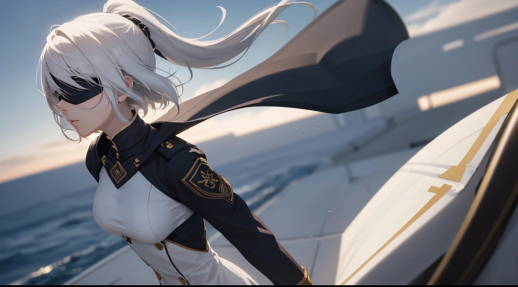(extremely detailed CG unity 8k wallpaper), (masterpiece), (best quality), (ultra-detailed), (best illustration), (best shadow), (absurdres), 2, 1girl, short hair, short ponytail, normal size boobs, white hair, blindfold solo, Intimidating women, admiral uniform, night, hero pose, white clothes, General Uniform, Military Uniform, Sunlight, exposed to sunlight,commander, cape, fighting, ((beautiful fantasy girl)), (Master Part: 1.2), Best Quality, High Resolution, photorealestic, photogenic, Unity 8k壁纸, perfect lighting, (perfect arms, perfect anatomy) beatiful face, intricate details, Detalhes realistas, the anime, The Perfect Girl, perfect details, Ultra HD |, 8K, Professional photo, Car background