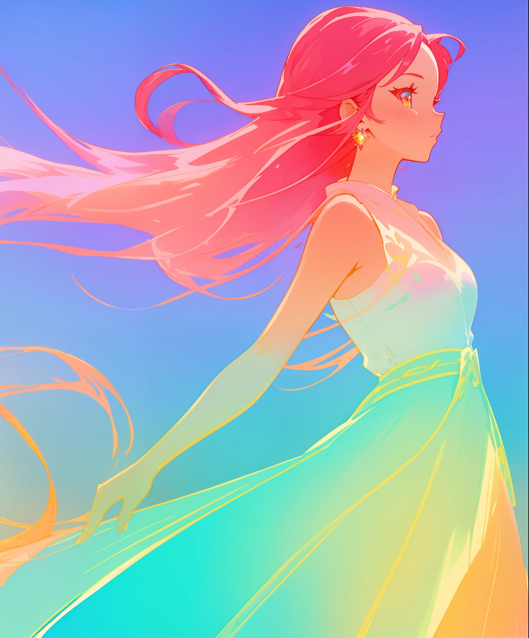 beautiful girl in colorful gradient flowing princess ballgown, long flowing red pink hair, colorful fantasia background, watercolor illustration, beautiful digital illustration, beautiful, masterpiece, best quality, beautiful face