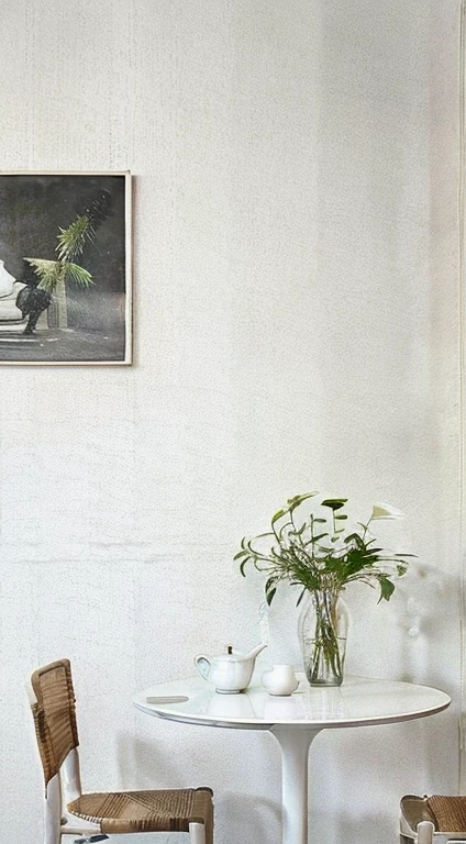 a white table and a white chair, There a small pot of plants on the table,elegant minimalism, delicate constructions, inspired by Constantin Hansen,Nordic style,Minimalist
