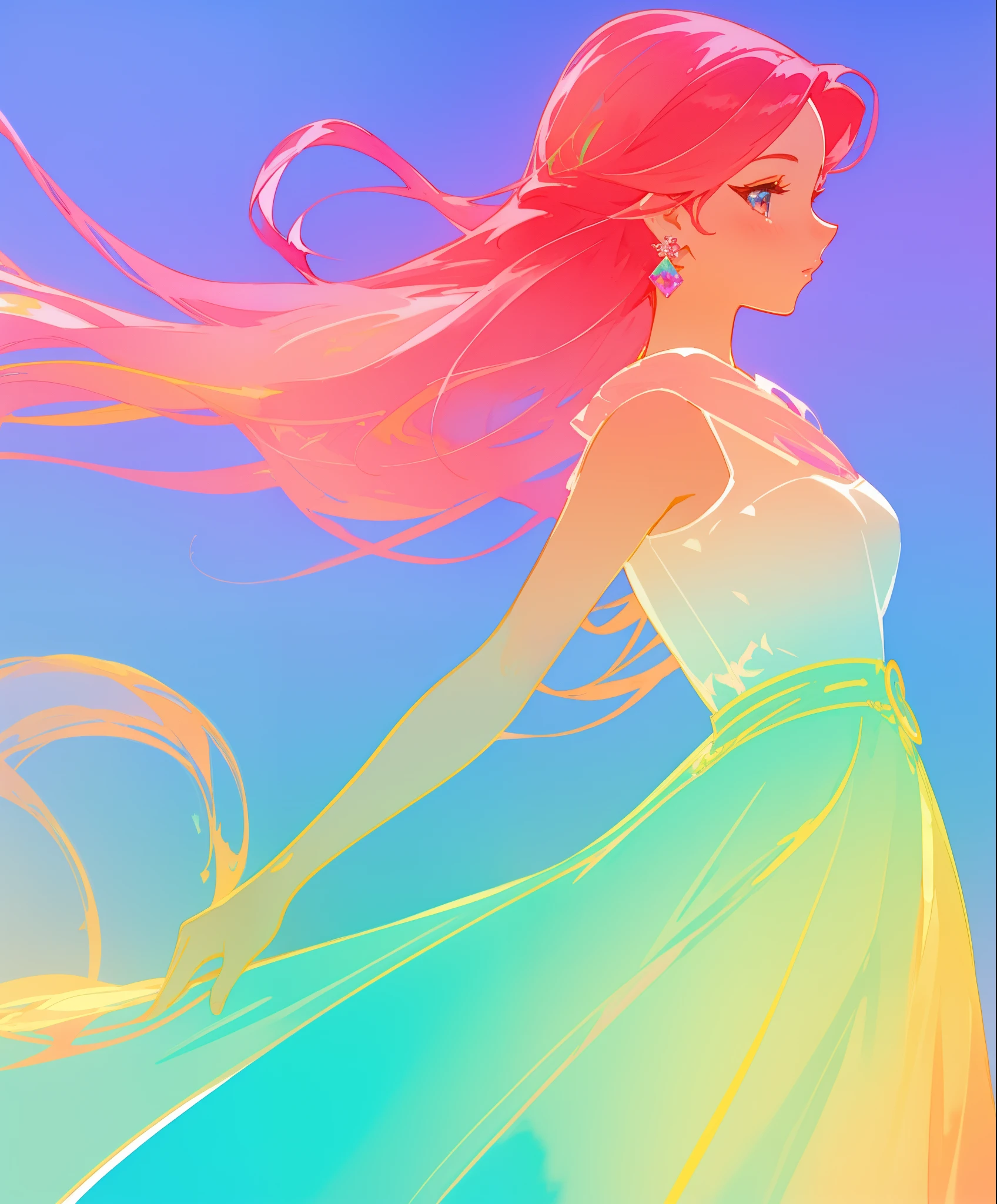 beautiful girl in colorful gradient flowing princess ballgown, long flowing red pink hair, colorful fantasia background, watercolor illustration, beautiful digital illustration, beautiful, masterpiece, best quality, beautiful face