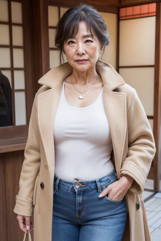 (((72 year old Japanese woman))), ((Sagging under the eyes)),(((nasolabial folds))),masutepiece, Best Quality, Photorealsitic, super detailed skin, Sharpen, Perfect Anatomy,Temples in Kyoto,Anatomy,独奏,Longhaire,((old body)), (((Sagging udder))), (thick waist),(flabby body)(,Plump body),bunk butt,Serious look,Mature AV Actress, glamor, A sexy,(((Fair skin with many wrinkles))),small diamond necklace,Brown coat,Long sleeveＴThe shirt,Long skirt in jeans,Staring at this,