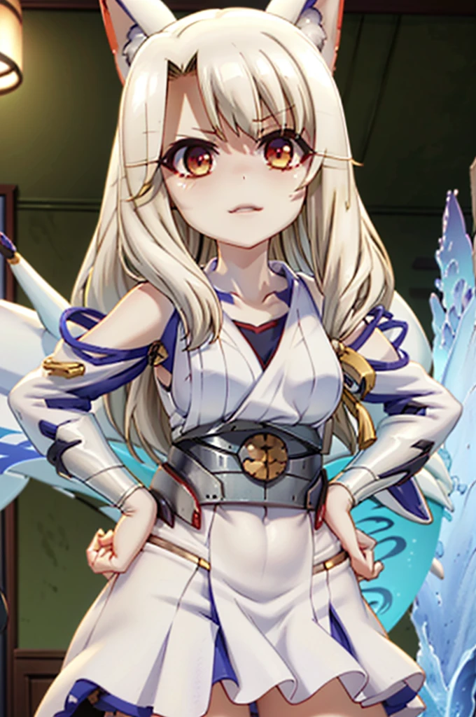 Illustration, (((1girl))), {{{fusion}}}, (((illyasviel von einzbern))), (((kaga (azur lane) ))), fox ears, (((mature female))), (((standing))), (((hands on hips))), (((medium breasts))), (((narrow shoulders))), (((narrow waist))), long hair, huge ass, hotel room, masterpiece, best qualityst, ((masterpiece)), ((best qualityst)), ((ultra detrailed)),  upper body, {{{agglutination}}}, pose With hands on hips, (((look at the person's face))), (((face-to-face look))),