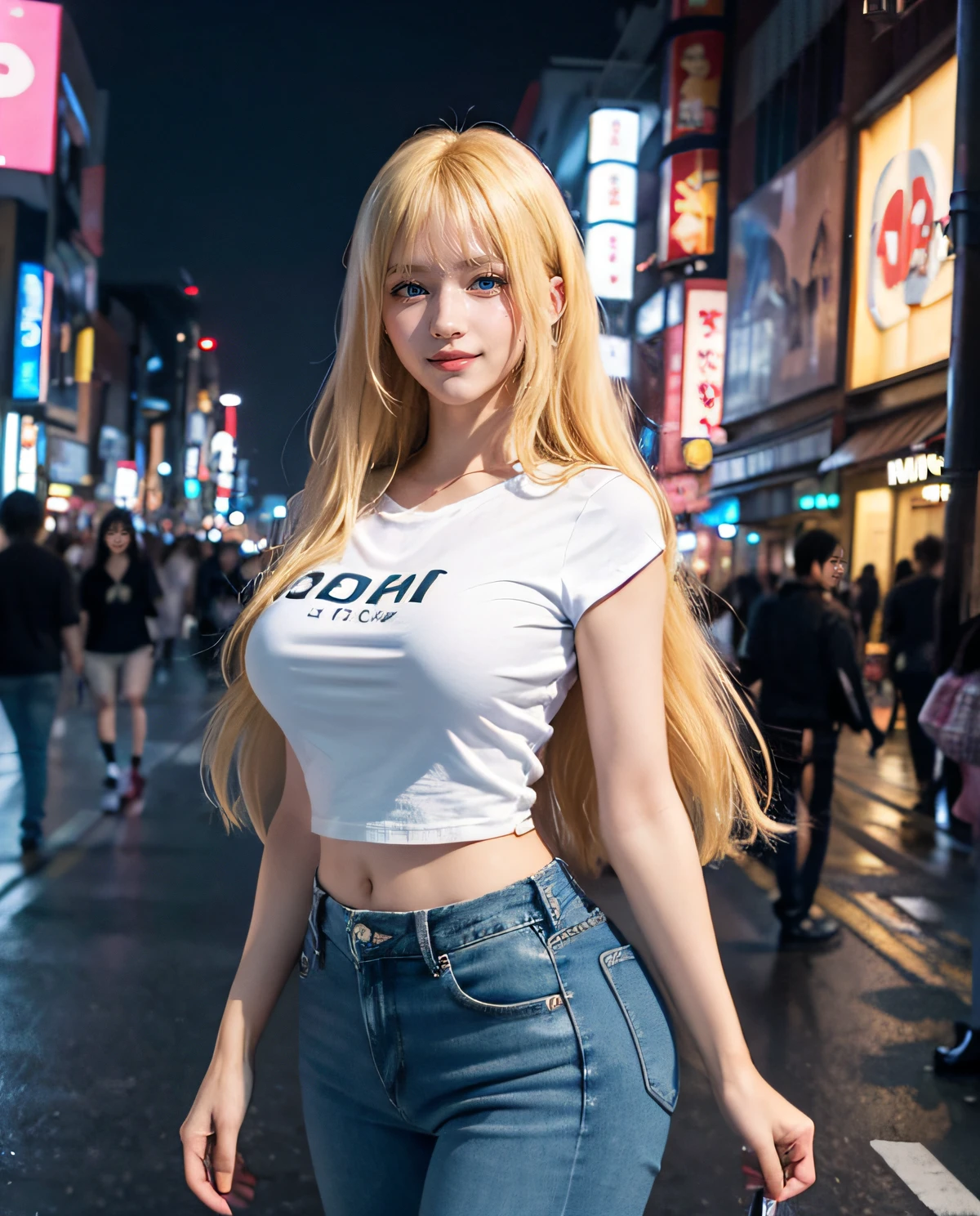 1girl, (ojos azules), (They are smiling :1.2), (En nombre de Minaj), caderas anchas, tetas grandes, grande, Trasero redondo, (La mejor calidad, 8k, Obra maestra: 1.3), Manos perfectas, Enfoque claro: 1.2, Belleza corporal perfecta: 1.4 , abdominales delgados: 1.2, Highly Detailed Face and Skin Texture, ojos detallados, 双眼皮, (pelo largo rubio con flequillo :1.3), (Camiseta negra y jeans), Standing in the Akihabara neighborhood at night illuminated by many billboards in Japan