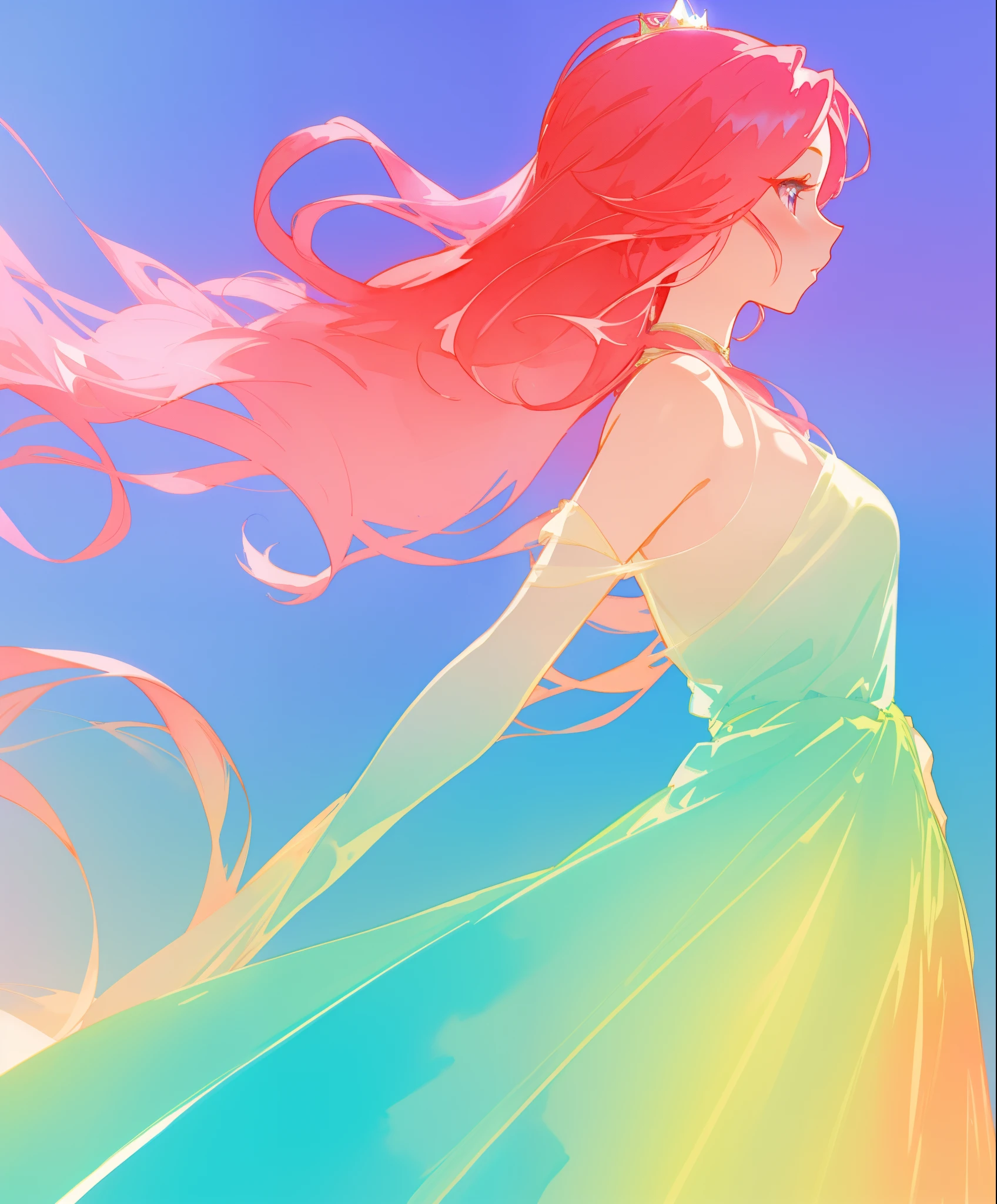beautiful girl in colorful gradient flowing princess ballgown, long flowing red pink hair, colorful fantasia background, watercolor illustration, beautiful digital illustration, beautiful, masterpiece, best quality, beautiful face