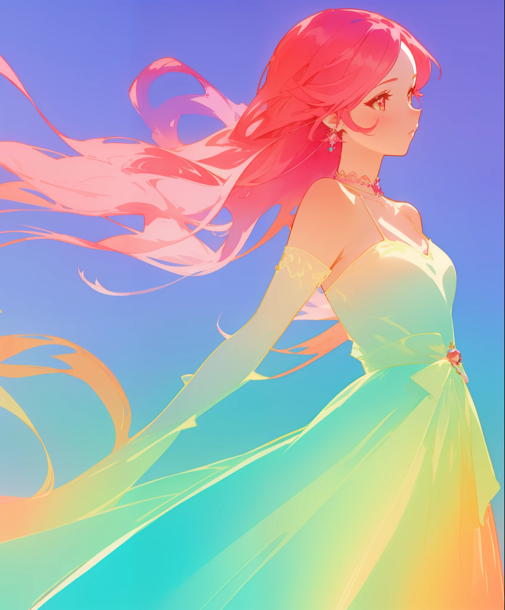 beautiful girl in colorful gradient flowing princess ballgown, long flowing red pink hair, colorful fantasia background, watercolor illustration, beautiful digital illustration, beautiful, masterpiece, best quality, beautiful face