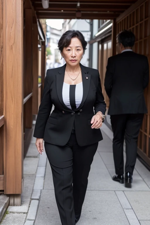 (((1 Japanese 55-year-old woman))), ((Sagging under the eyes)),(((nasolabial folds))),独奏,masutepiece, Best Quality, Photorealsitic, super detailed skin, Sharpen, Perfect Anatomy,Temples in Kyoto,Anatomy,独奏,Longhaire,((old body)), Sagging udder) (thick waist),(flabby body)(,Plump body),bunk butt,Serious look,Mature AV Actress, glamor, A sexy,(((Fair skin with many wrinkles))),small diamond necklace,(((black office lady suit))),skirt by the,(Black high heels),Staring at this,