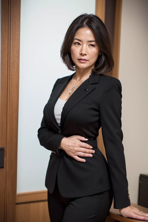 (((1 Japanese 55-year-old woman))), ((Sagging under the eyes)),(((nasolabial folds))),独奏,masutepiece, Best Quality, Photorealsitic, super detailed skin, Sharpen, Perfect Anatomy,Temples in Kyoto,Anatomy,独奏,Longhaire,((old body)), Sagging udder) (thick waist),(flabby body)(,Plump body),bunk butt,Serious look,Mature AV Actress, glamor, A sexy,(((Fair skin with many wrinkles))),small diamond necklace,(((black office lady suit))),skirt by the,(Black high heels),Staring at this,
