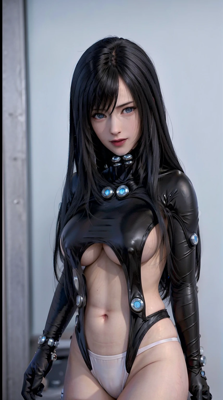 ((((masterpiece, best quality, high resolution)))), (1girl:1.5), ((long silky hair, black hair, blue eyes)), (average breasts:1.2), blush, (light smile, parted lips), glow, thighs, bare shoulders, collarbone, narrow waist, (slender body figure), cleavage, wide hipeautiful detailed face, beautiful detailed eyes), ((outfit-gantz, latex breast curtains, white panties)), looking at viewer, closeup portrait shot, reika\(gantz\)