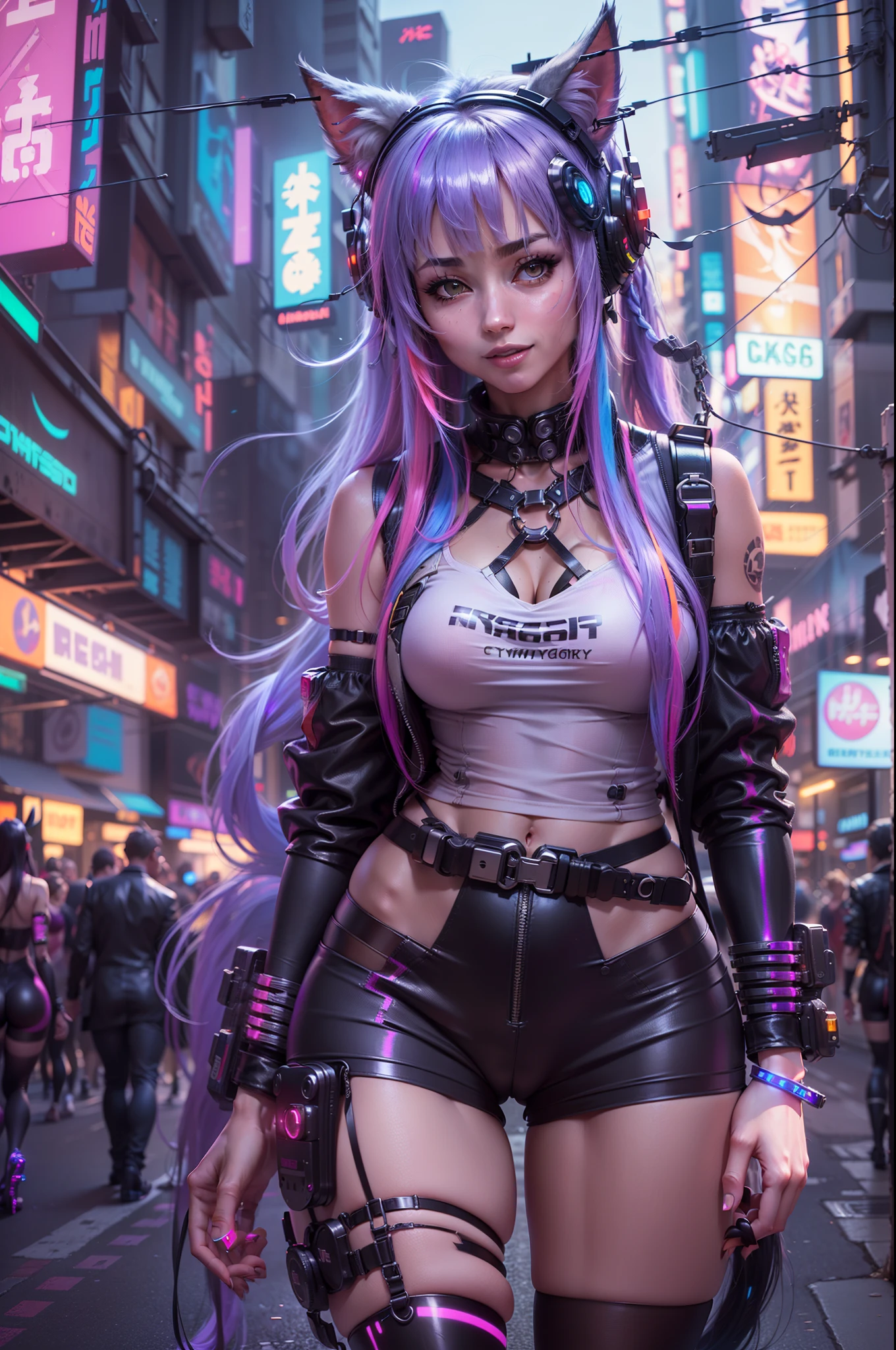 (RAW photo, best quality, masterpiece:1.2), (realistic, photo-realistic:1.4),(masterpiece:1.4),(best quality:1.4), ((sexy cute Japanese cyberpunk catgirl)), ((slender body)), big breasts, :d, (banglush, ((colorful body harness)), ((dynamic pose)), (cowboy shot), (((cyberpunk city streets background))), hair intakes, ((shapeless long hair)), glowing neon accents, looking at viewer, sidelocks, smile, (((thigh gap))), thighs, twintails, very long hair, black stockings, multicolor hair, alice \(nikke\),(shiny skin),realistic.