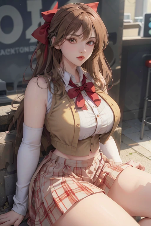 Masterpiece: 1.2, best quality), realistic, (real picture, rich details details, depth of field), (1girl, solo), makeup, cleft lip, high detail, perfect face shape, (big breasts: 1.4), (skindentation), thick thighs, wide buttocks, Thin waist, tall, coral, red lips, red eyes, The World Ends With You art style with thick outline. low view perspective drawing of Super empowered powergirl, smug, with long pale blonde hair, pale skin, and brown eyes. She is dressed in a white button-up sleeveless blouse with midriff and with a plaid red-and-white ribbon around the collar and a matching plaid red-and-yellow skirt with a small black ribbon on the front. She wears converse shoes. She has wired white and red headphones. she has toned arms.