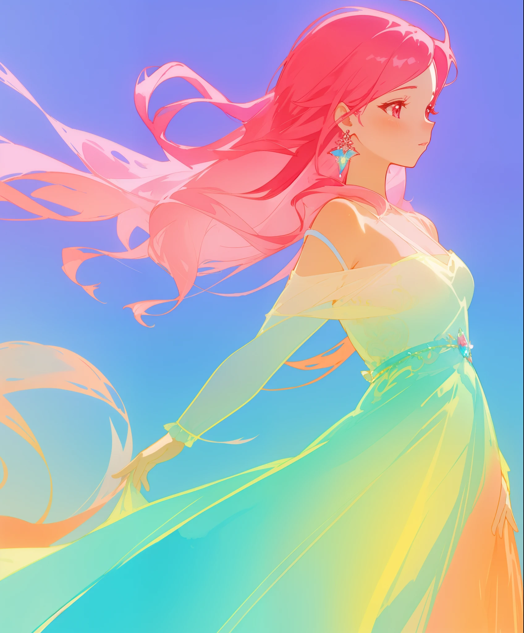 beautiful girl in colorful gradient flowing princess ballgown, long flowing red pink hair, colorful fantasia background, watercolor illustration, beautiful digital illustration, beautiful, masterpiece, best quality, beautiful face