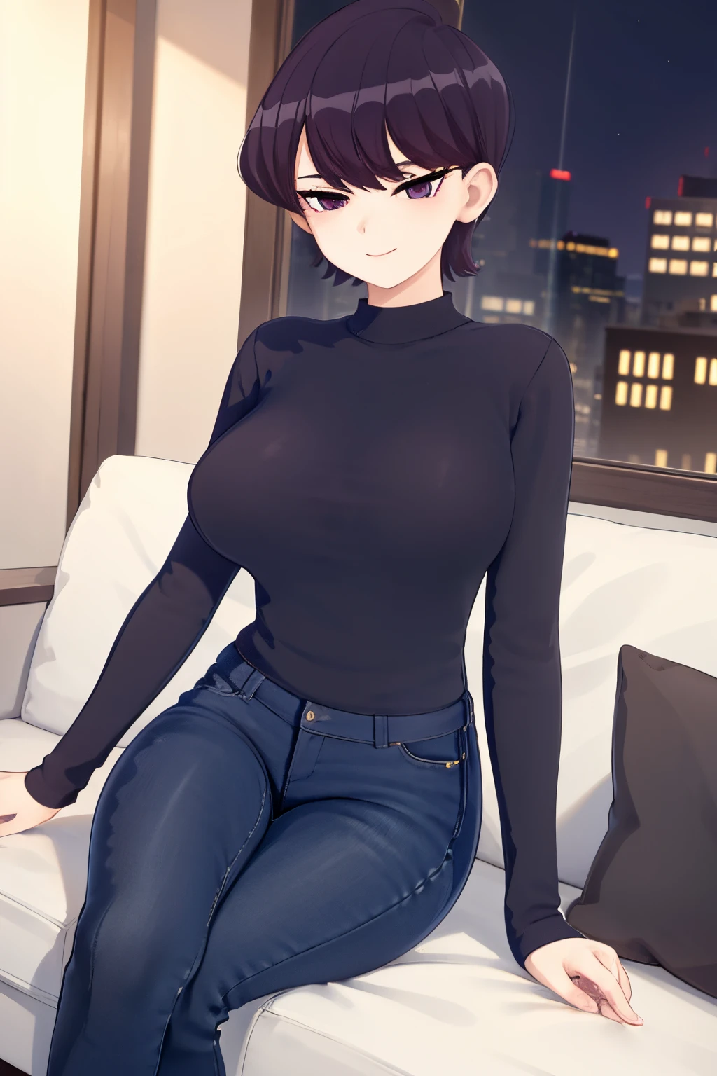 1girl, alone, komi shuuko, short hair, dark purple hair, with parting on the left side of the head, dark purple eyes, smiling, seductive, makeup, light pink lipstick, black sweater, tight long sleeve sweater, cleavage, blue jeans , tight jeans, black heels, big breasts, medium waist, medium hips, medium thighs, living room, sitting on sofa, legs crossed, night, open window, good lighting, excellent hands, excellent anatomy,