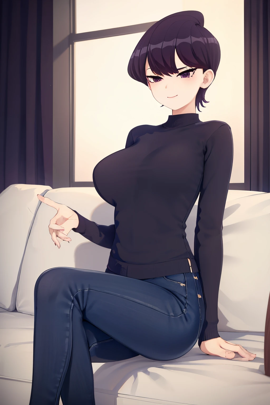 1girl, alone, komi shuuko, short hair, dark purple hair, with parting on the left side of the head, dark purple eyes, smiling, seductive, makeup, light pink lipstick, black sweater, tight long sleeve sweater, cleavage, blue jeans , tight jeans, black heels, big breasts, medium waist, medium hips, medium thighs, living room, sitting on sofa, legs crossed, night, open window, good lighting, excellent hands, excellent anatomy,