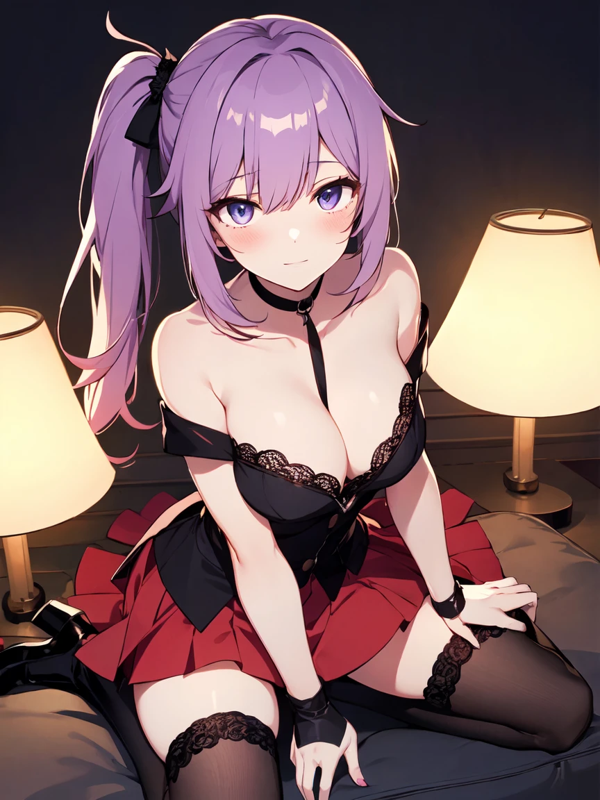 ((masterpiece)), ((Best Quality)), anime style, 1girl, solo, The most detailed skin, Black lace top, red satin mini skirt, high heeled boots, long black gloves, red choker, //, Stunned expression, Girl with troubled face, Ecstasy, (sexual expression), smile, blush, Red face, //, large breasts, voluptuous body, //, Long side ponytail hair, Purple hair color, (beautiful eyes), white-skinned, //, Dark alley, light from an old lamp, (thick lines:1.2)