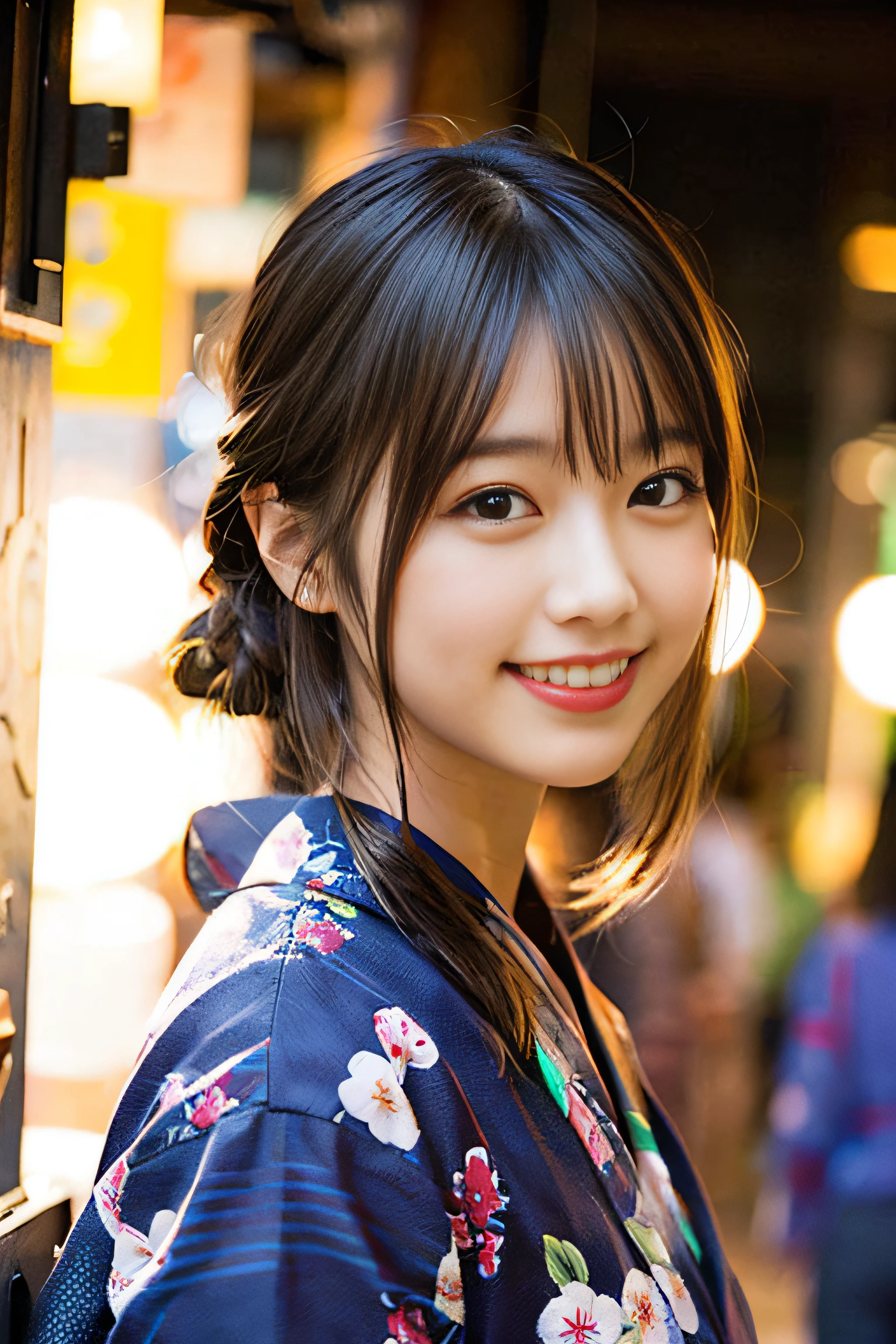(8K、Raw photography、top-quality、masterpiece:1.2)、(realisitic、Photorealsitic:1.37)、ultra-detailliert、超A high resolution、女の子1人、see the beholder、beautifull detailed face、A smile、Constriction、(Slim waist) :1.3)、Beautiful detailed skin、Skin Texture、Floating hair、Professional Lighting、Whole human body、Longhaire、Japanese Yukata、夏天、Summer Festivals、red ribbon hair、Happy smile、Childish smile、Suppin