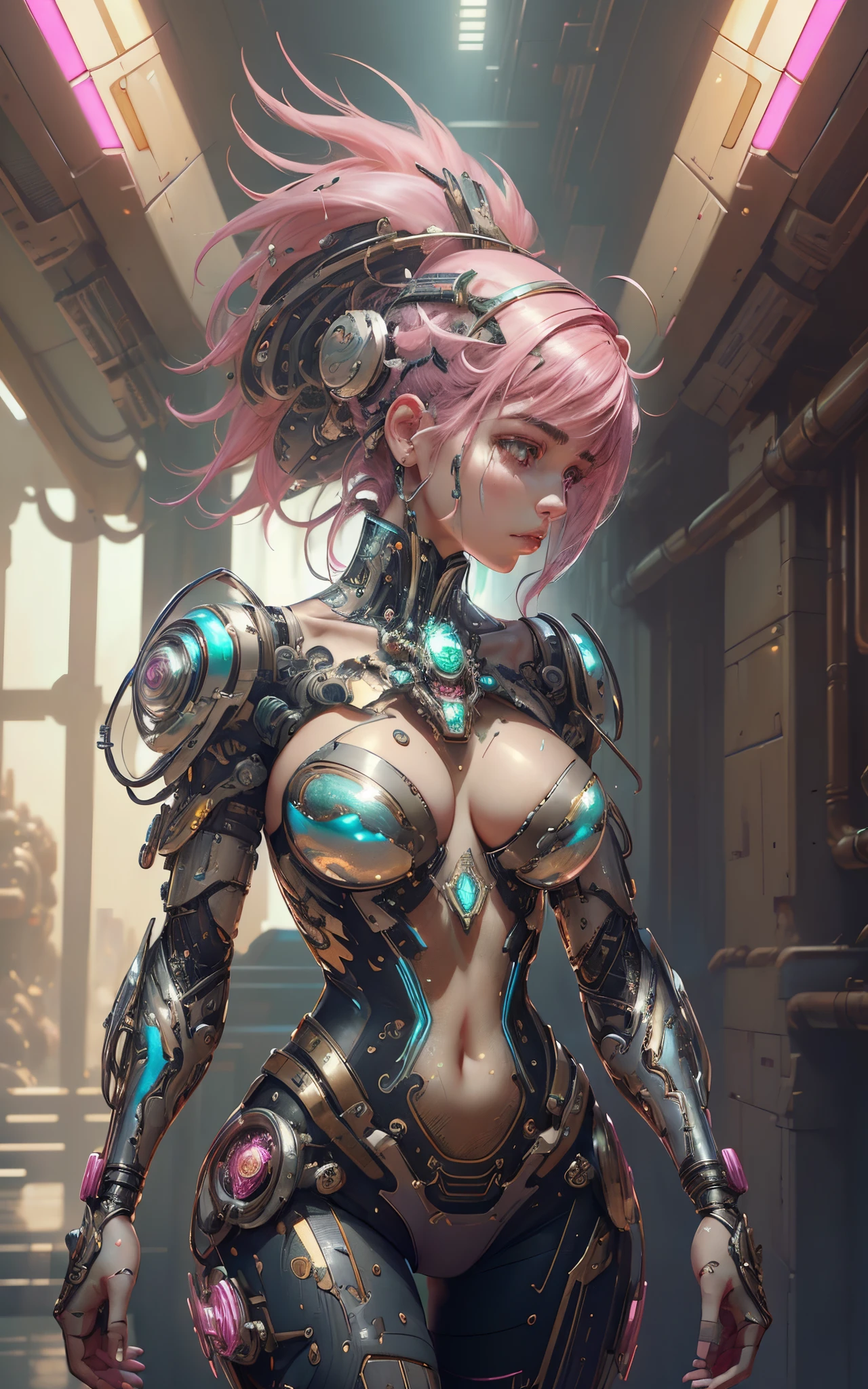8k portrait of beautiful (cyborg) with pink hair, (Dua Lipa) , mecha musume scifi body suit, pauldrons, intricate, elegant, highly detailed, majestic, digital photography, art by artgerm and ruan jia and greg rutkowski surreal painting reflective, hairpin jewel, broken glass, (masterpiece, sidelighting, finely detailed beautiful eyes: 1.2), hdr,