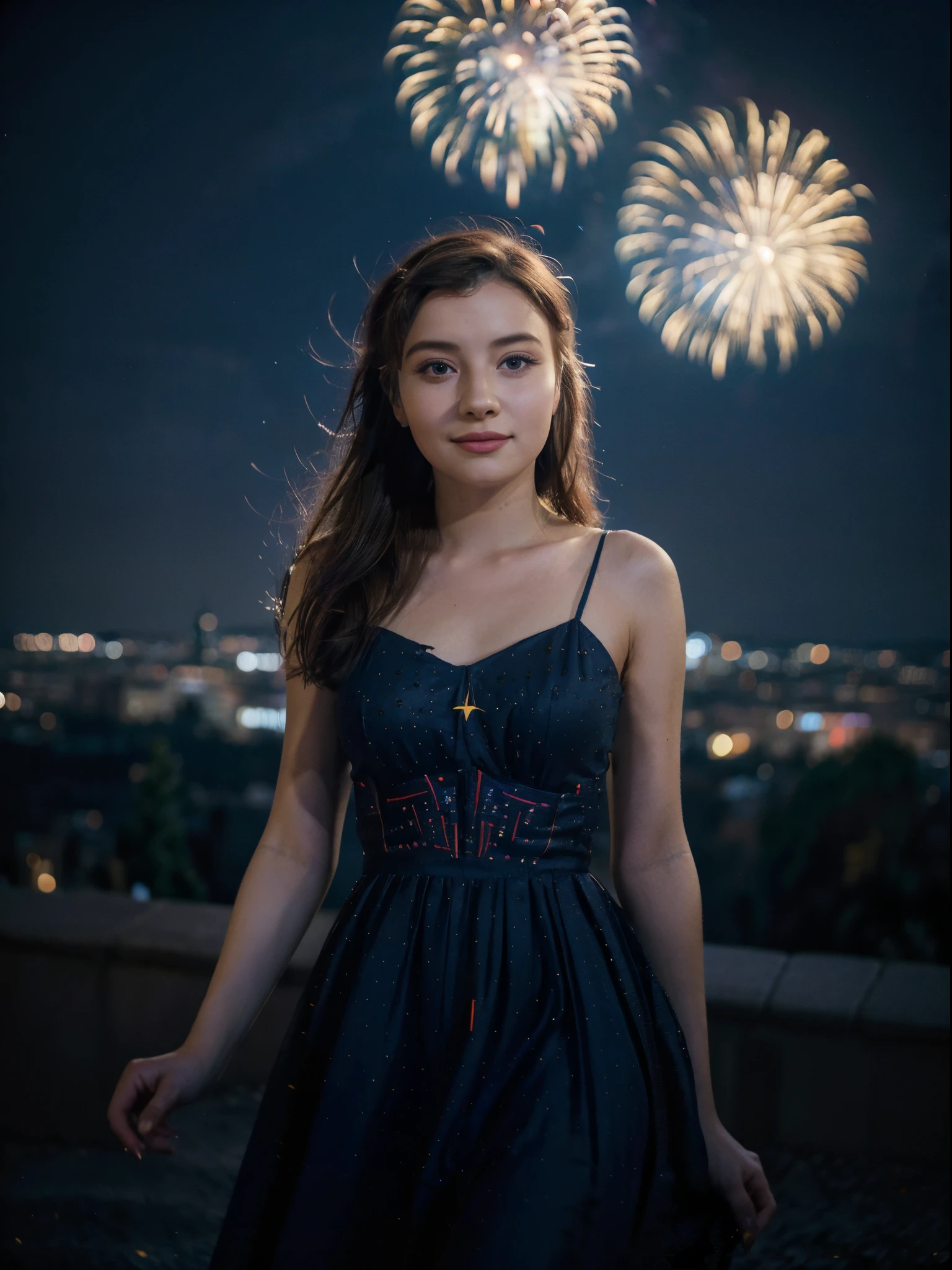 1girl, 20 years old, a beautiful girl ((looking at the night sky)), wearing an elegant and long dress, smile, happy, (firework: 1.2), a flame embroidered in the night sky, windy, prague, castle seen in the background, movie scene, cinematic light, very dark scene, (anamorphic lens bokeh: 1.4), composition from below, (la la land: 1.5)